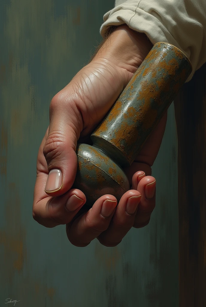 Hand holding a pestle, mouth holding art