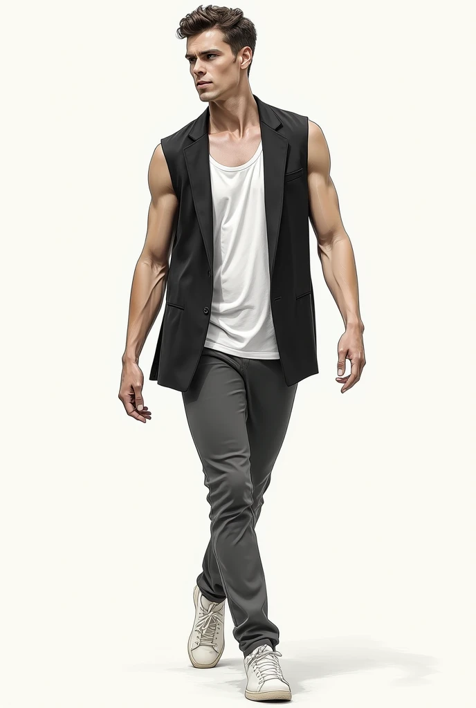 Make me a sketch of a hairstyle, for Carmen, a work of modern ballet and contemporary dance. I want an image showing a black sleeveless open vest in an evening dress suit, with a white sleeveless shirt for a man. but it should not be tight to the torso.
All sleeveless, with bare arms and open vest, something more informal