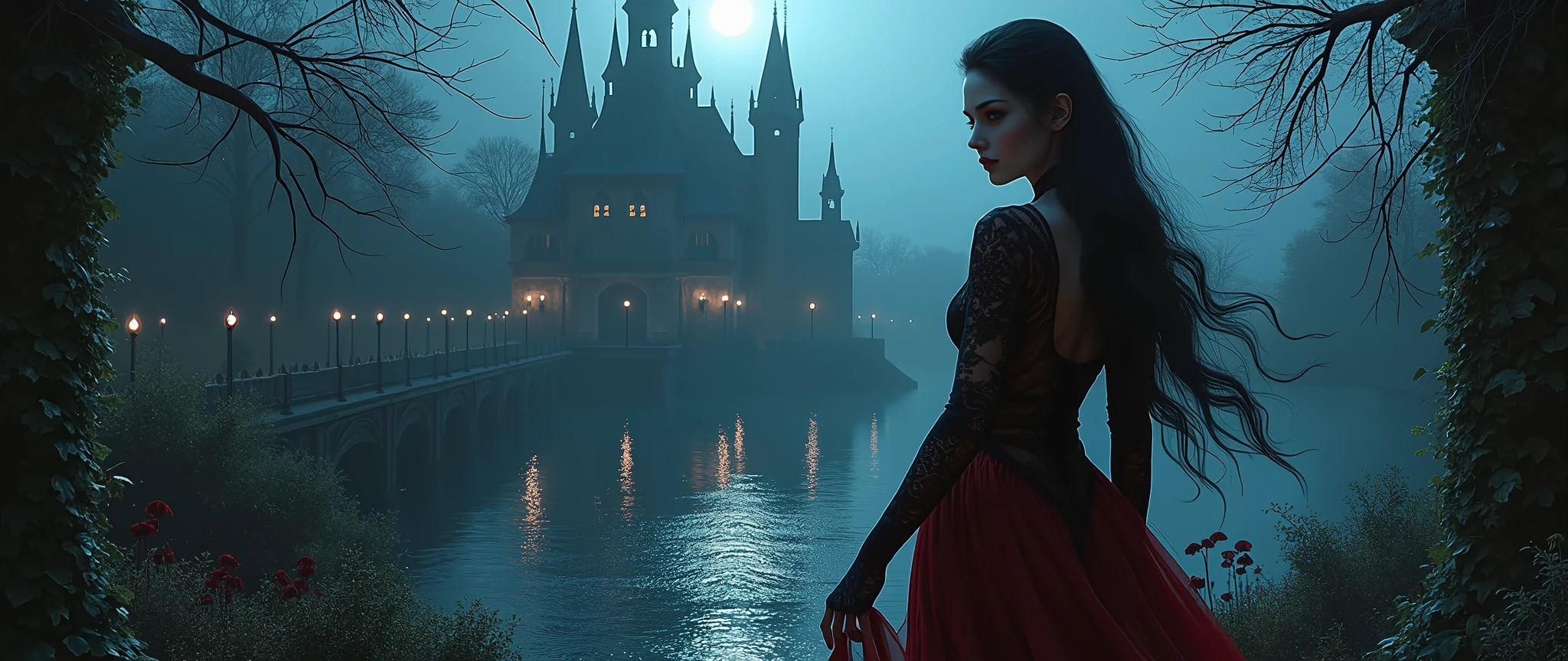 Dark and fantasy , detailed body of a sexy vampire woman , un chateau , a lake , fantastic animals , A book , spells 