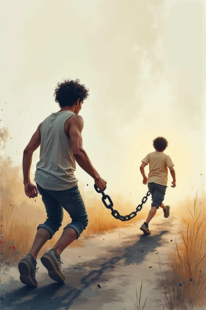 In a big grey field A tired young man agressively running towards light from dark by breaking a bold chain tied with his childhood which was bind with his leg and another shadow young smiling man running towards his childhood -vibrant water color style