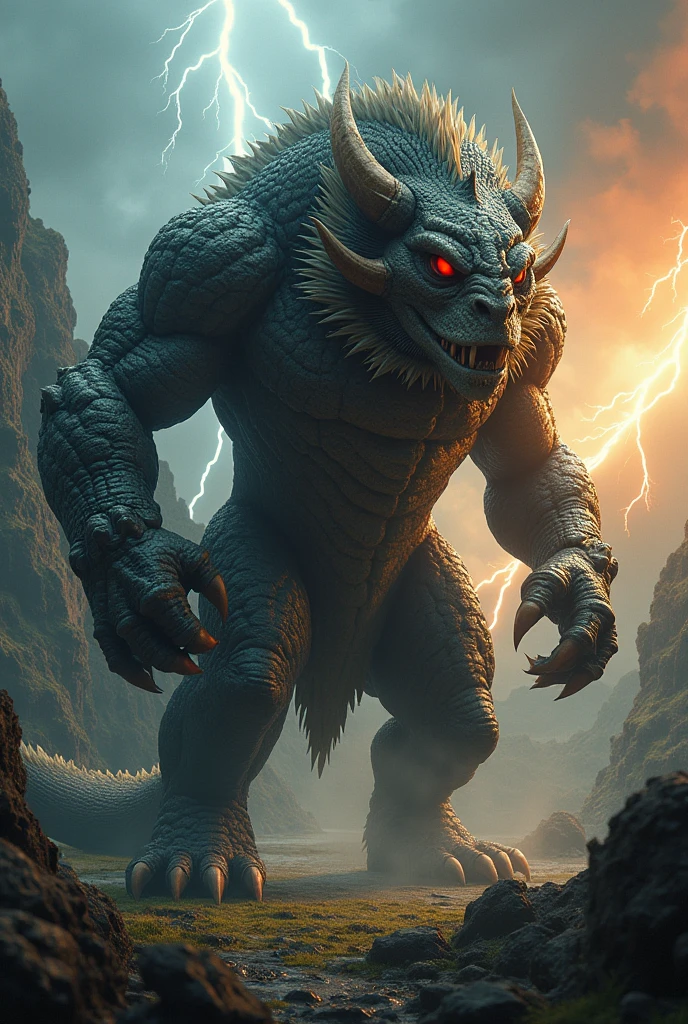 crocodile and lion combination, background forest, make it muscular, stronger aggressive, looks bigger hybrid, dengerous, super powerful, lightning background, bigger hybrid, make it one head, Red eyes volcano body . make it mythologycal ,mythical creatures , hd , realistic