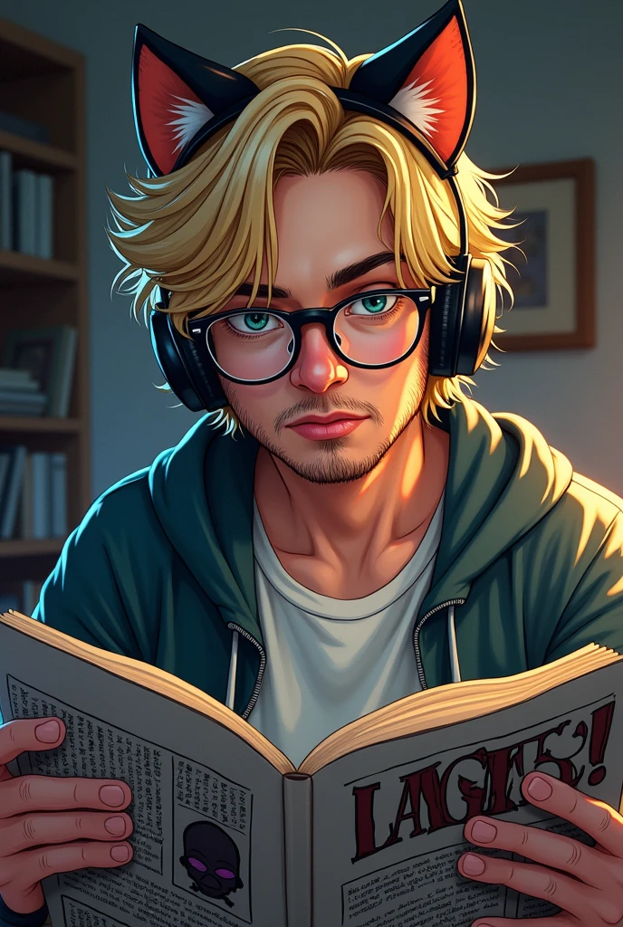 DC Comics style image, 20 year old nerdy man, blonde with messy hair and glasses wearing cat ear headsets, unshaven beard, reading manga