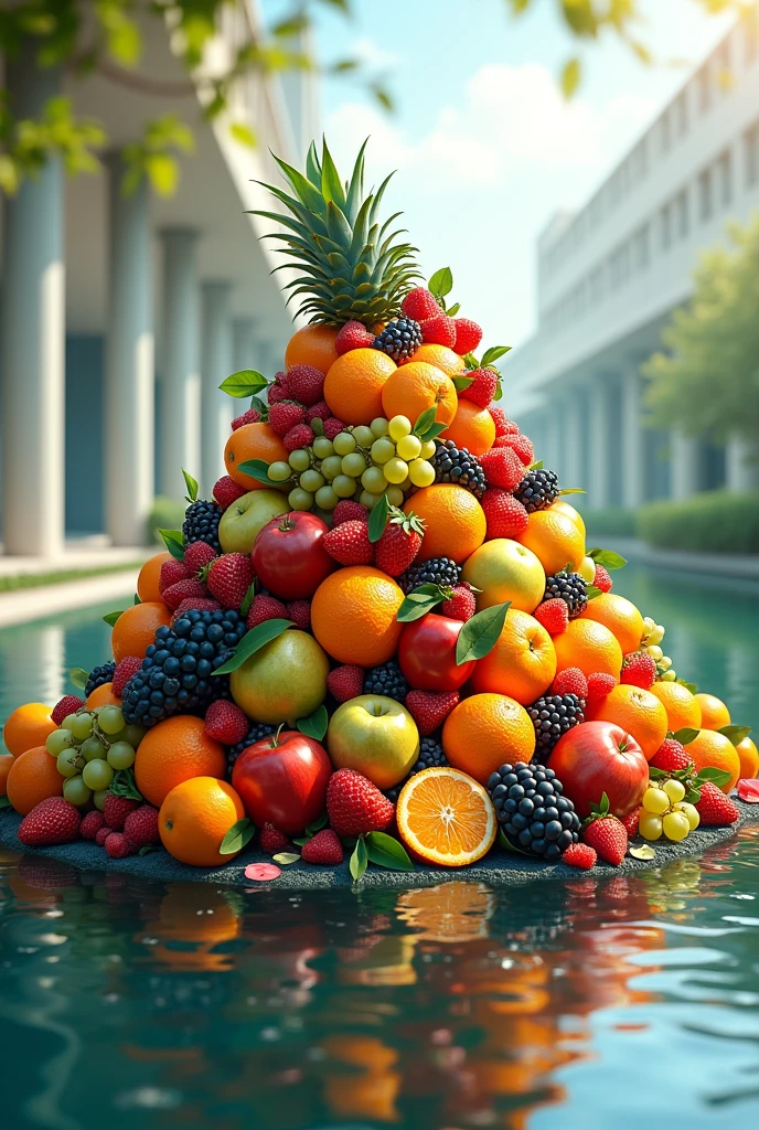 A huge pile of different fruits recommended by doctors to ensure health with a hospital trip filled with water and fruits