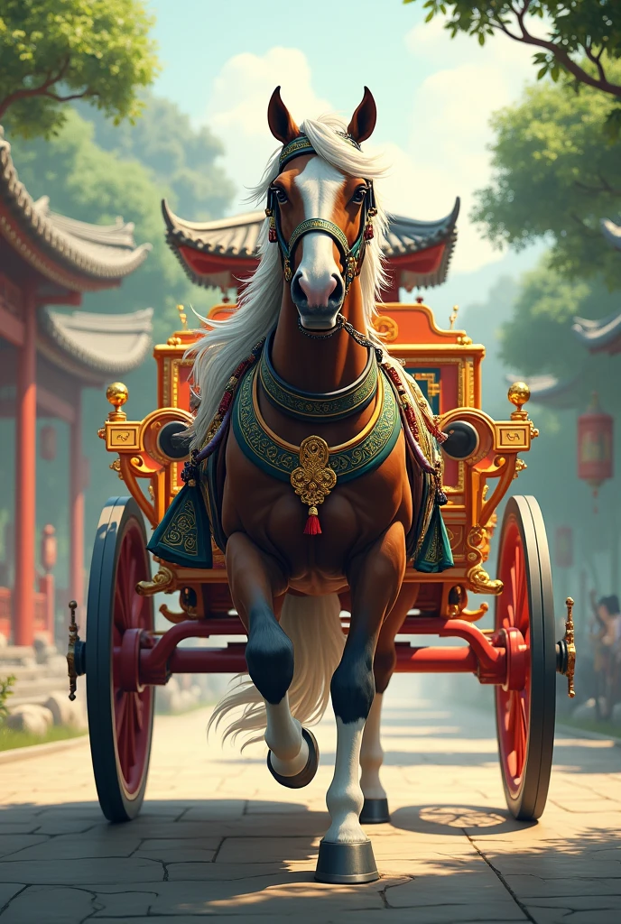 Chinese style horse carriage, front view, have horse but don’t have human , angle about the same height as a horse's head.