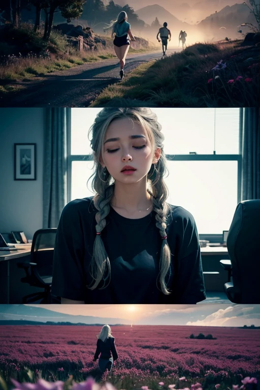 girl, grid, t-shirt, running, jacket, meadow in the background, dark fantasy, 3, brazilian appearance, closed eyes, long braid, white hair, arrogance, office, bottom view, ascii, realism, hyperrealism, highly detailed, sublime, extremely beautiful, sharp focus, sophisticated, cinematic, intricate, elegant, dynamic, rich, deep colors, vibrant color, shining light, attractive, cute, beautiful, full background, epic composition, dramatic atmosphere, shining, professional, stunning