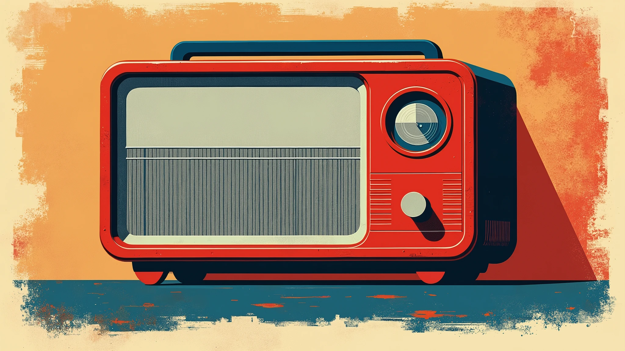 A vintage, screen-printed illustration in a bold, pop-art style, featuring a Bauhaus style radio. The design uses a high-contrast, limited color palette with silver, red, and blue, and has a distressed, worn texture for an aged, retro appearance. The overall vibe is playful and nostalgic, blending elements of pop art and Bauhaus style design.  6.1