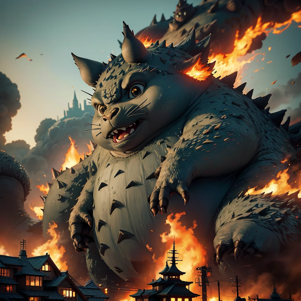 Totoro from Studio Ghibli if facing Godzilla in a city on fire. Anime style, Studio Ghibli style.

(masterpiece:1.2), (best quality:1.2), (very aesthetic:1.2), (absurdres:1.2), (detailed background), newest, ai-generated, Wallpaper, (((realistic, photorealistic)))