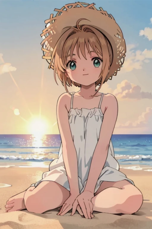 High resolution backgrounds,Beautiful background,anime, cute,Beach Sunset,The big sun setting on the horizon, girl,White camisole dress,Chestnut Hair,Short Bob Hair,barefoot,Green Eyes,White straw hat,Lens flare,Sitting flat on the sand,smiling