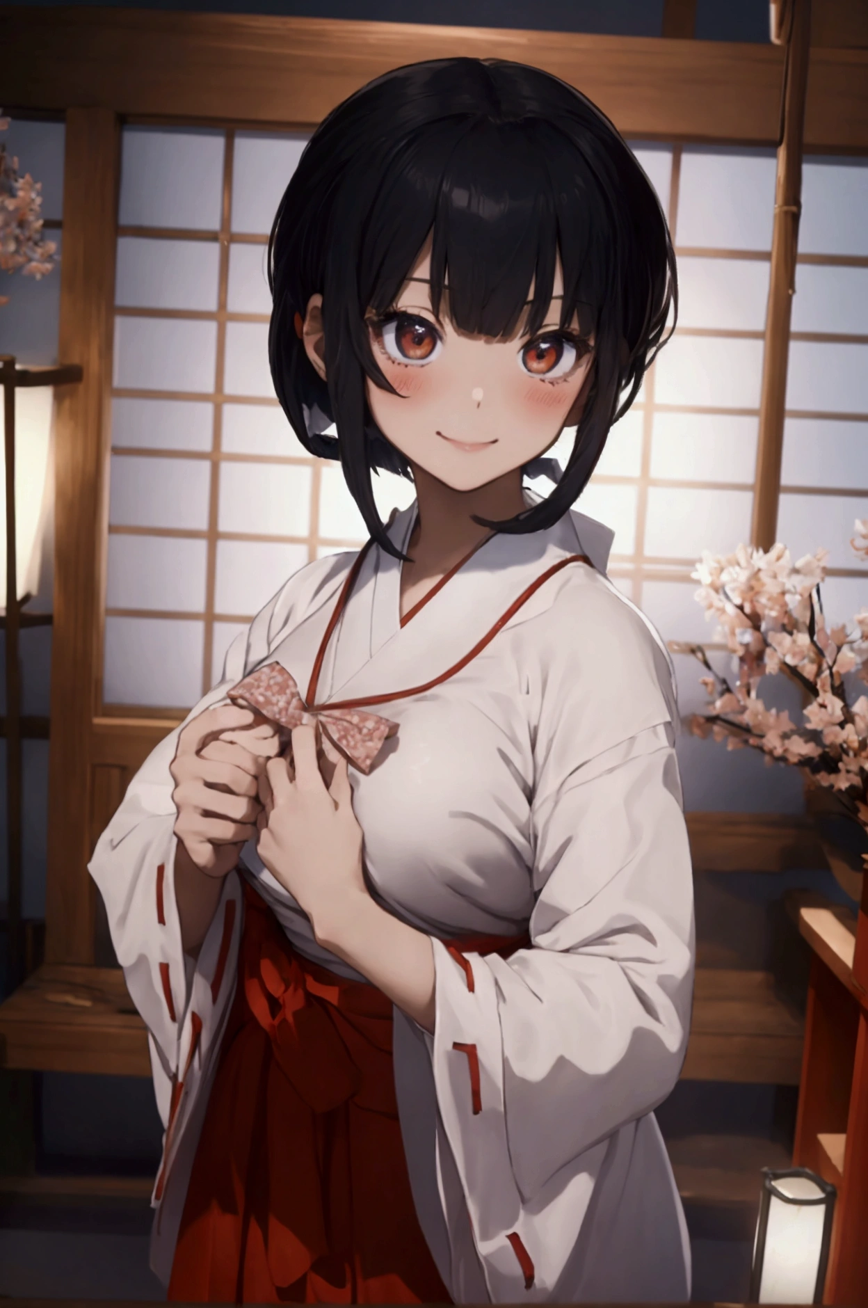(ultra highres、ultra quality、Masterpiece、8k、),A girl with light short hair drawn Young and cute 、Asian woman,s hot, Japanese Model, Cute Core, , Chubby 、(big breast)、Blushing、(Looking up)(Shrine maiden) (Her clothes are open and her chest is visible)smile、sexly,shrine、Bangs