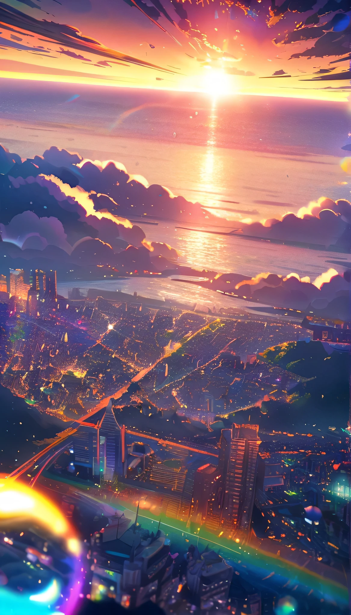 sunrise, bright, After the Rain, horizon, In the sky, city , Lens flare, colorful, High resolution, 8k