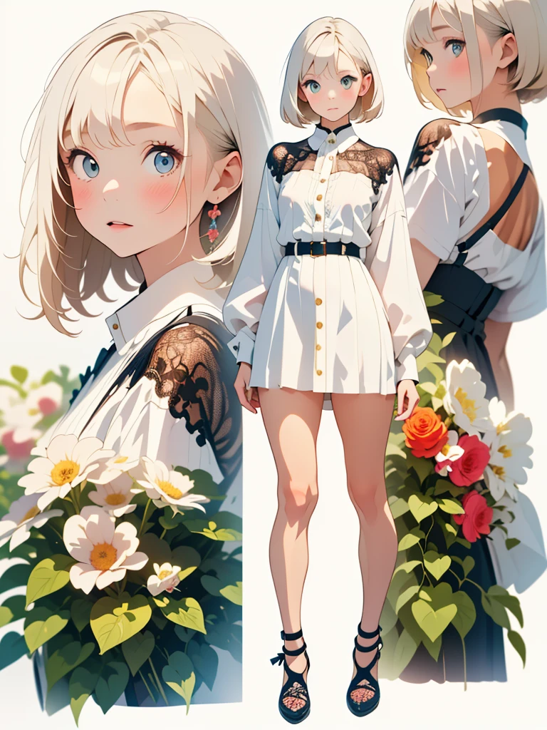 (white background:1.3), (blurry background:1.3), (extremely detailed fine touch:1.3), ///, girl, tan short hair, mixed media, diverse materials, unexpected combinations, creative exploration, (full body:1.3) , flower