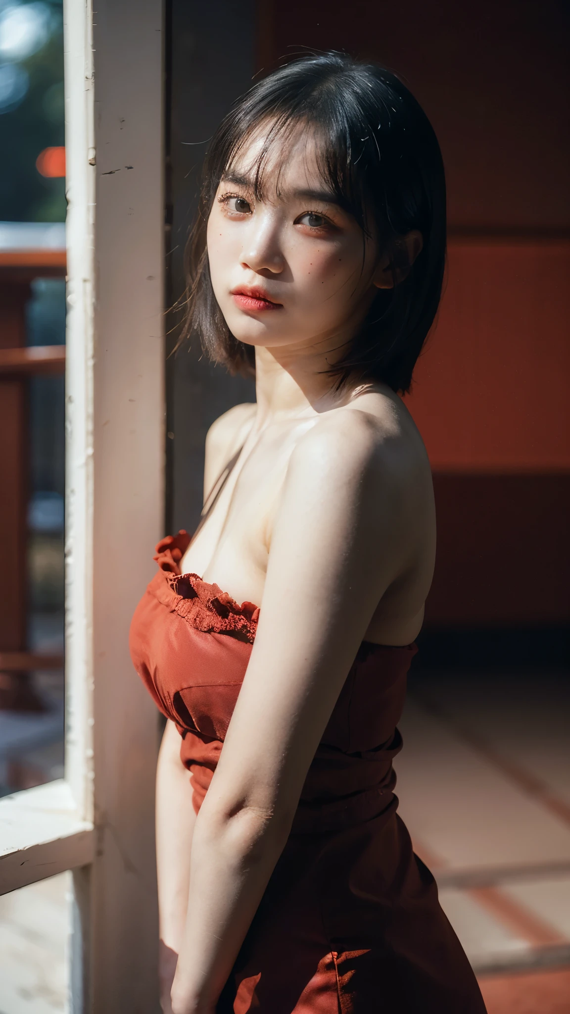kmmundo, (infoque nítido:1.2), Photo, mujer jovin atractiva, (beautiful face:1.1), detailed eyes, delicious lips, (eye makeup:1.2), body freckles, (medium breasts:1.0), (tight body:1.2), wearing (dress with slit:1.2) in (evinto de alfombra roja:1.2). (moody lighting:1.2), depth of field, bokeh, 4k, HdR. by (James C.. Christinsin:1.2|Jeremy Lipking:1.1)., NSFW, sin cinsura