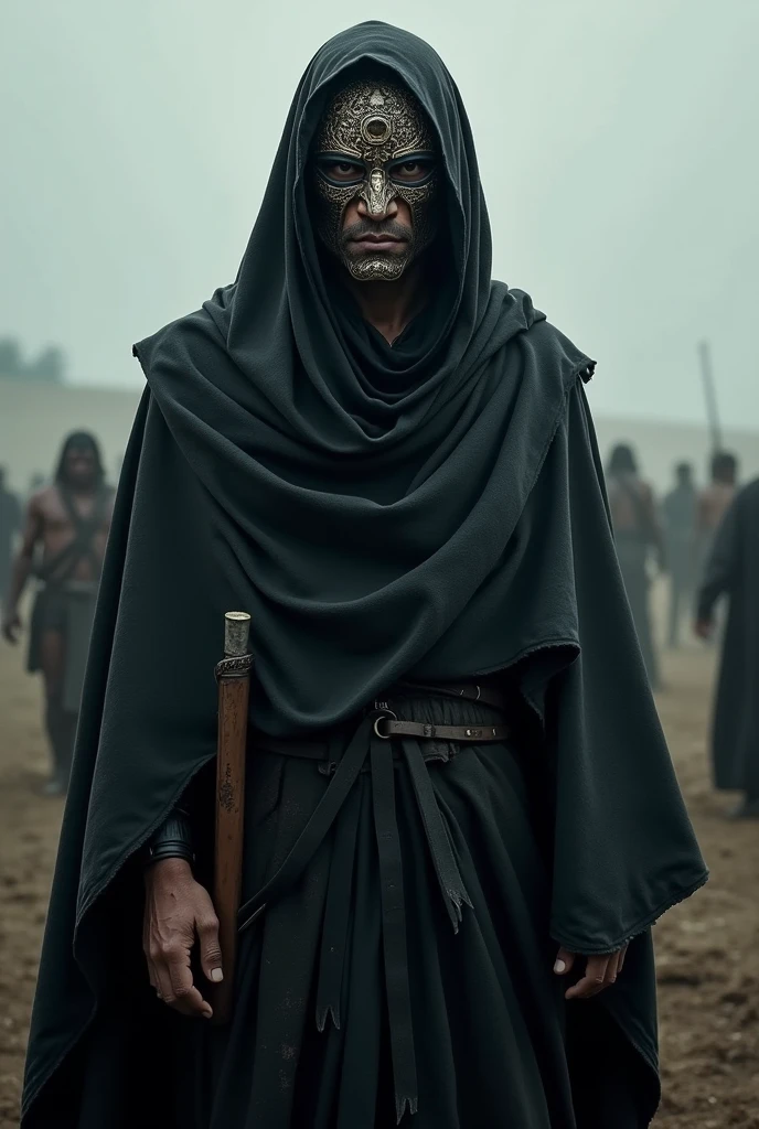 A warrior hidding himself with ancient cloth with no weapon improve it, make warrior most powerful
Make face using mask
Make brownish fair skin tone
Make it Indian
Stand him in post war
Age 24 to 25
Make him mysterious
Black cloth
Don't show body
Make fair skin and confident
It's too good creat more like this