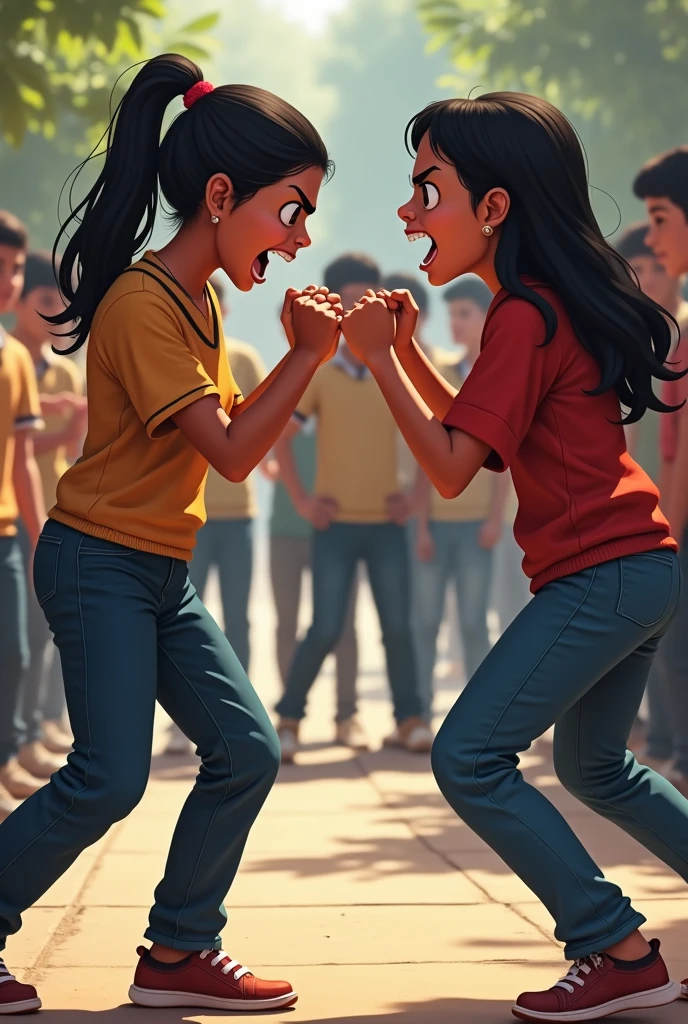A fight between 2 Indian girls at school in pants, angry face. Boys excited to see them fighting behind