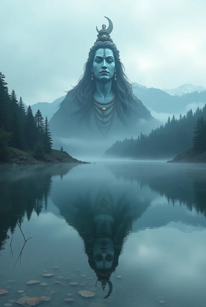 Capture the serene evening moment when the reflection of a majestic island mountain full of forest in a vast lake eerily resembles the iconic image of Lord Shiva with snake on the neck and moon in the head, as if the universe has conspired to reveal a divine presence in the still waters.