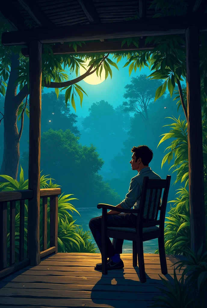 On his first night back, Azman sat on the front porch, the jungle around him alive with the sounds of insects and distant animal calls. He felt a sense of unease, but he shook it off, attributing it to the unfamiliar silence of the countryside.