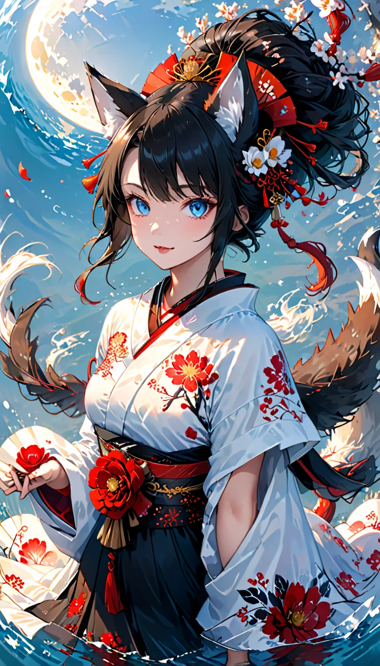 Ink painting, (((1 girl))), (((Tattoo in the middle of the forehead))),(((In the background is the Akatsuki moon))), (((Oiran))), (((Great hair accessories))), Demon possession, ((Masterpiece:1.2)), ((Highest quality)), Extremely detailed and delicate illustration style, Detailed leather texture, Detailed canvas texture, Very detailed description, (Masterpiece T), Extremely beautiful illustration, Highly detailed face, Raw image, professional, Ultra-high resolution panel, Complex details, Superior detail, Intricate decoration details, Perfect anatomy, real, (Very beautiful and cute black and white colored fox woman or girl with blue eyes wearing kimono), ((آذان الثعلب black hair, White hair, multicolor, the beautiful)), (Beautiful black and white colored fox tail), (black hair, White evil, Beautiful and shiny), (((She has claws on her hands.))), (((She has long fangs.))), (Beautiful and clear blue eyes), (Beautiful detailed eyes:1.6), (Traditional black and white detailed costume), Front view, White flower kimono, Black white colorful hakama long skirt, A maxi skirt, Modestly dressed, He smiles, ((Standing and looking at me)), ((The day)), (Extremely detailed and beautiful Japanese temple construction), (8K Highest quality wallpaper), (Extremely detailed and delicate background). girl swimming underwater,Very detailed presentation style,It shines,Red Rose,light blue,brushwork,Ultra Realistic Oil Painting,Bright eyes,Head up close,Exaggerated perspective,influence ,

