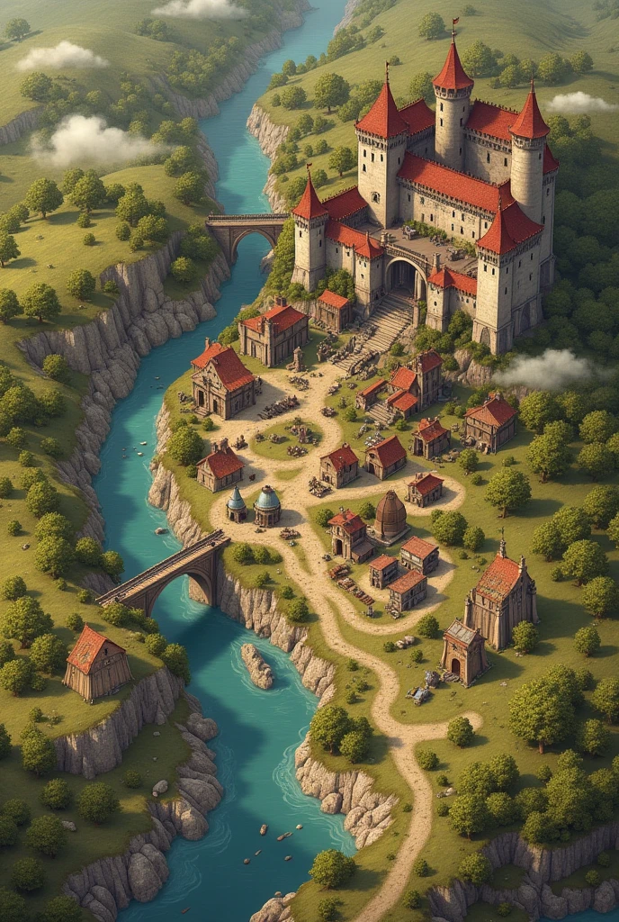 Medieval map of the fictional kingdom of Lamel France Abandoned farm on the northeast side Abandoned mines on the east and west side Working mines on the north and south side Observatory on the southwest side of the kingdom Medieval kingdom King's castle with a river below the drawbridge A giant city with two-story houses, Smith, fabric factory, padaria, butcher shop, clothing store, in the city center Knights' base in the center And a fort on the bank of a river