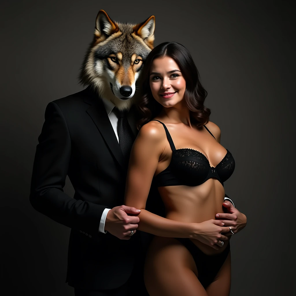 Wolf in black suit, Hugging a woman in black lingerie, with huge breasts, with a shy smile, She looking at the camera, Photo studio