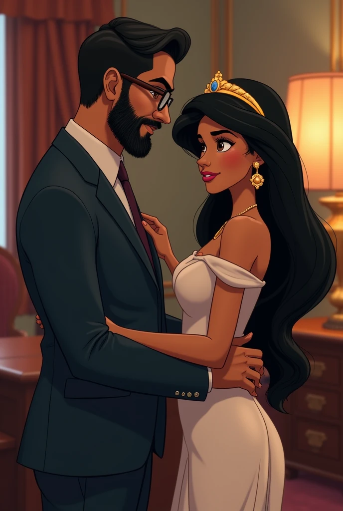 a guy with beard in office formal clothes dusky skin and glasses proposing princess jasmine from Disney