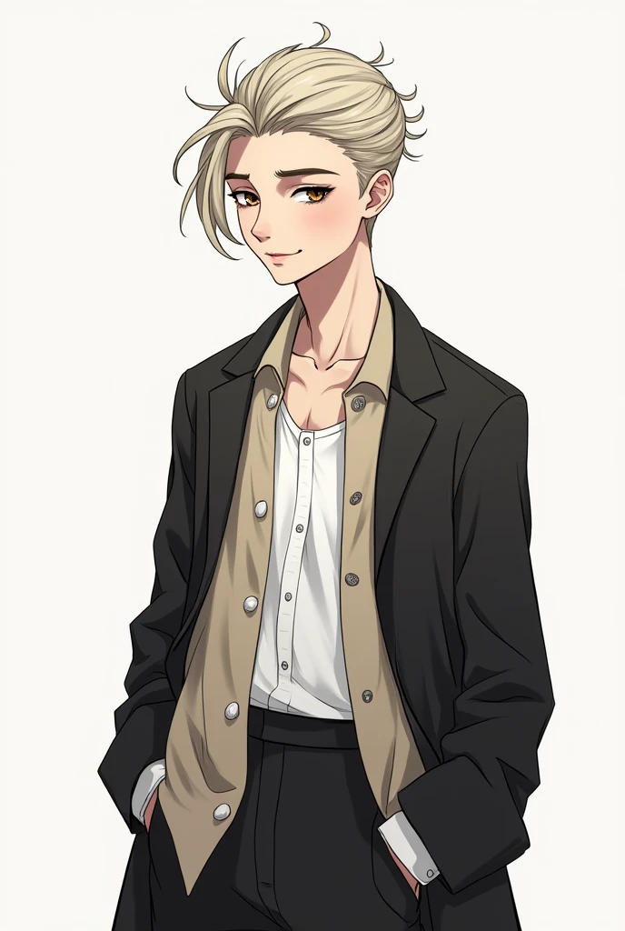 Make me a sketch of a hairstyle, for Carmen, a work of modern ballet and contemporary dance. I want an image showing a black sleeveless open vest in an evening dress suit, with a white sleeveless shirt for a man. but it should not be tight to the torso.
All sleeveless, with bare arms and open vest, something more informal, with black coat