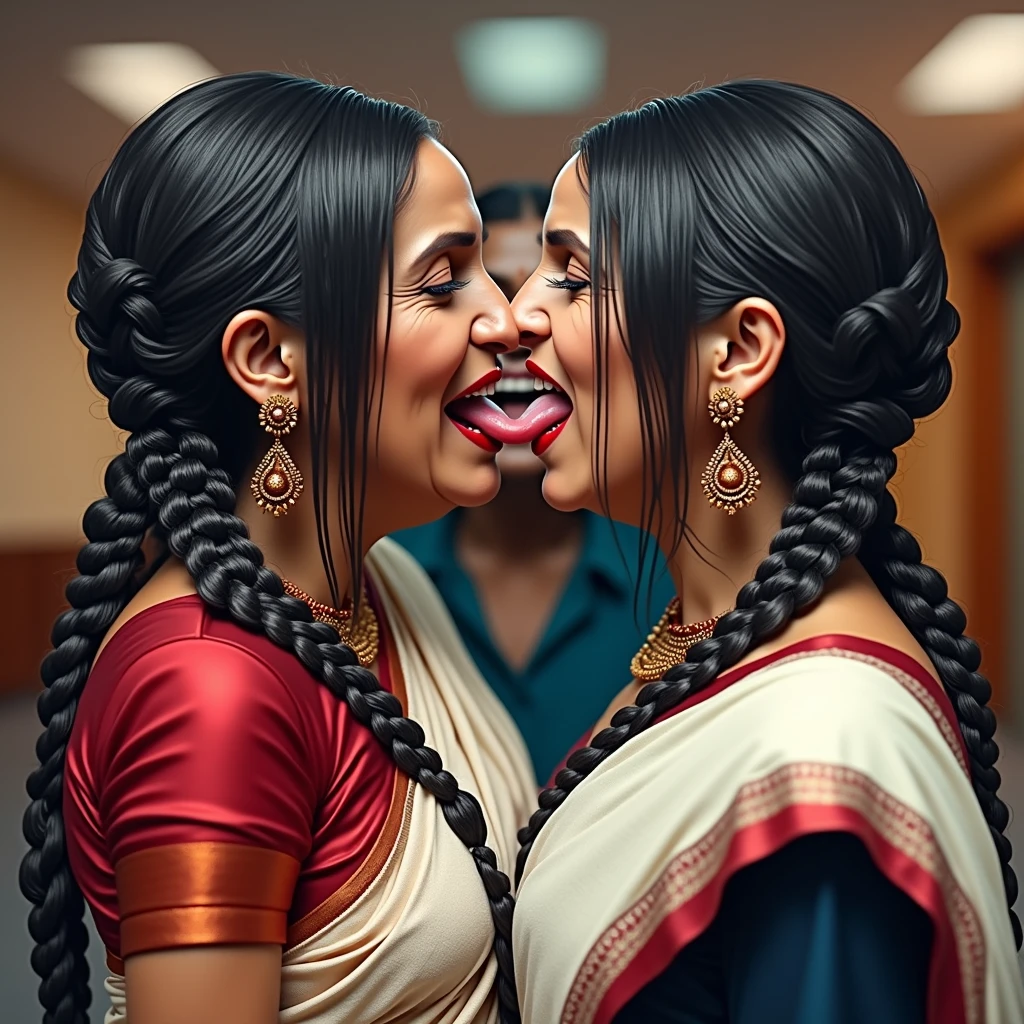 In india office,total 2 india eldery ladies involving and licking their hairs of each others wildly,First 60 years old eldery indian lady kneeled with her oil smeared conrowed braided hair wears saree with out blouse,Second 60 years old lady from behind to kneeled lady with her oil smeared conrow braided hair wildy raping kneeled lady' head scalp with her tongue wearing wrap saree revealing her upper saggy breast exposed, Third 60 years old eldery with her cean scalp super conrow braided hair raping kneeled lady' scalp exposing one single breast revealing ,these three ladies are with dress in as per detsiled prompt here,all four of them,with their hairs respectively colors for the marure ladies and eldery lady hairs in as per image prompt,their long,meticulaiursly suler conrowed braided hairs shining ,red lipsstick,natural tongues pulled out,licking the eldery lady' hair by other eldery with conrowed hairs like she is being raped excat in image,These all three ladies' faces are with showing full of sexual wildness showing out from their faces exact as in image prompt,Their eyes are fullfill with sexual wildness with raping scalp as per the imahe prompt,(Show me their tongues,long tongues:1.0) styled with 100000 liters hair oil,hairs like viscus oiled pulp,slick combed hair lines highly visible,{{{{Ladies wears perfect dresses in perfectt busty}}}},{{{{{NSFW}}}}},{{{{{{Hairs highly soaked}}}}}},{{{Hairs Drenched in water}}}}},{{{slick combed hair lines}}}},{{{{Hairlines reflecting shinning like mirrors with water}},{{{{{Showcase full bodies perfect figures}}}}},{{{{{High resolution perfecr color grading}}}}}},{{{Perfect conrowed on all three ladies exactly in image prompt}}}}}}},((((((Generate ethnicity as indian sexy build ladies))))))),((((((Generate wildness poses where shows the wildness maturity of the sexually wildness and extremly extremly wildness in to hair licking by their tongues exatly as image prompt if someone sees this should get errected)))),