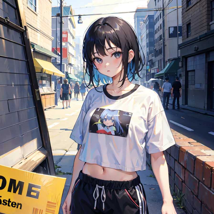 (Realistic painting style:1.0), Masterpiece, Best quality, absurderes, comic strip, illustration,
1 girl, Medium hair, Cute girl, young and cute girl, Korean girl, {Breasts}, Width 17,
A girl in a white shirt and black shorts, Wearing track suit, croptop, trending on r/Street attire, She is seen wearing streetwear pieces, Wearing track suit, Sportswear,