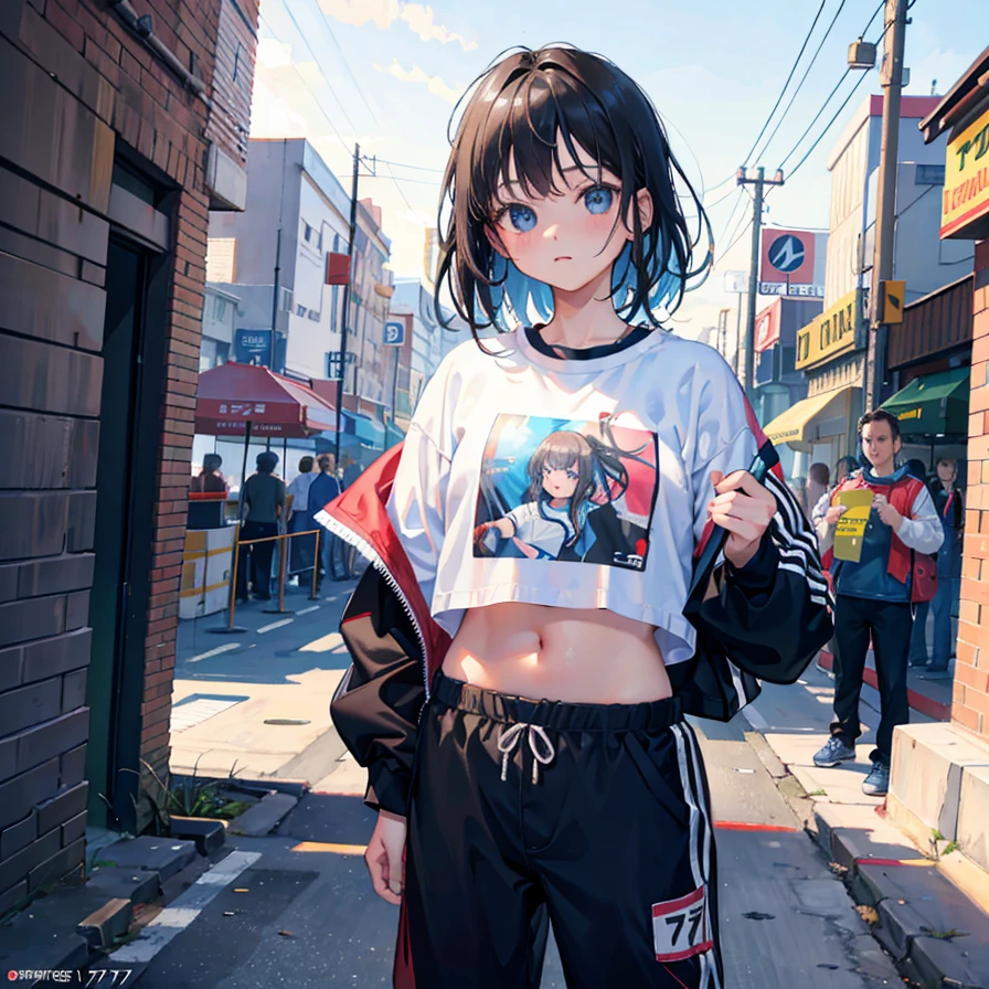 (Realistic painting style:1.0), Masterpiece, Best quality, absurderes, comic strip, illustration,
1 girl, Medium hair, Cute girl, young and cute girl, Korean girl, {Breasts}, Width 17,
A girl in a white shirt and black shorts, Wearing track suit, croptop, trending on r/Street attire, She is seen wearing streetwear pieces, Wearing track suit, Sportswear,