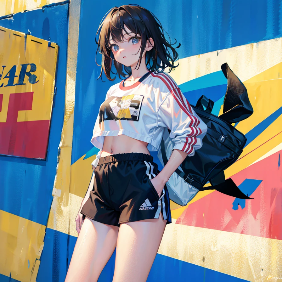 (Realistic painting style:1.0), Masterpiece, Best quality, absurderes, comic strip, illustration,
1 girl, Medium hair, Cute girl, young and cute girl, Korean girl, {Breasts}, Width 17,
A girl in a white shirt and black shorts, Wearing track suit, croptop, trending on r/Street attire, She is seen wearing streetwear pieces, Wearing track suit, Sportswear,