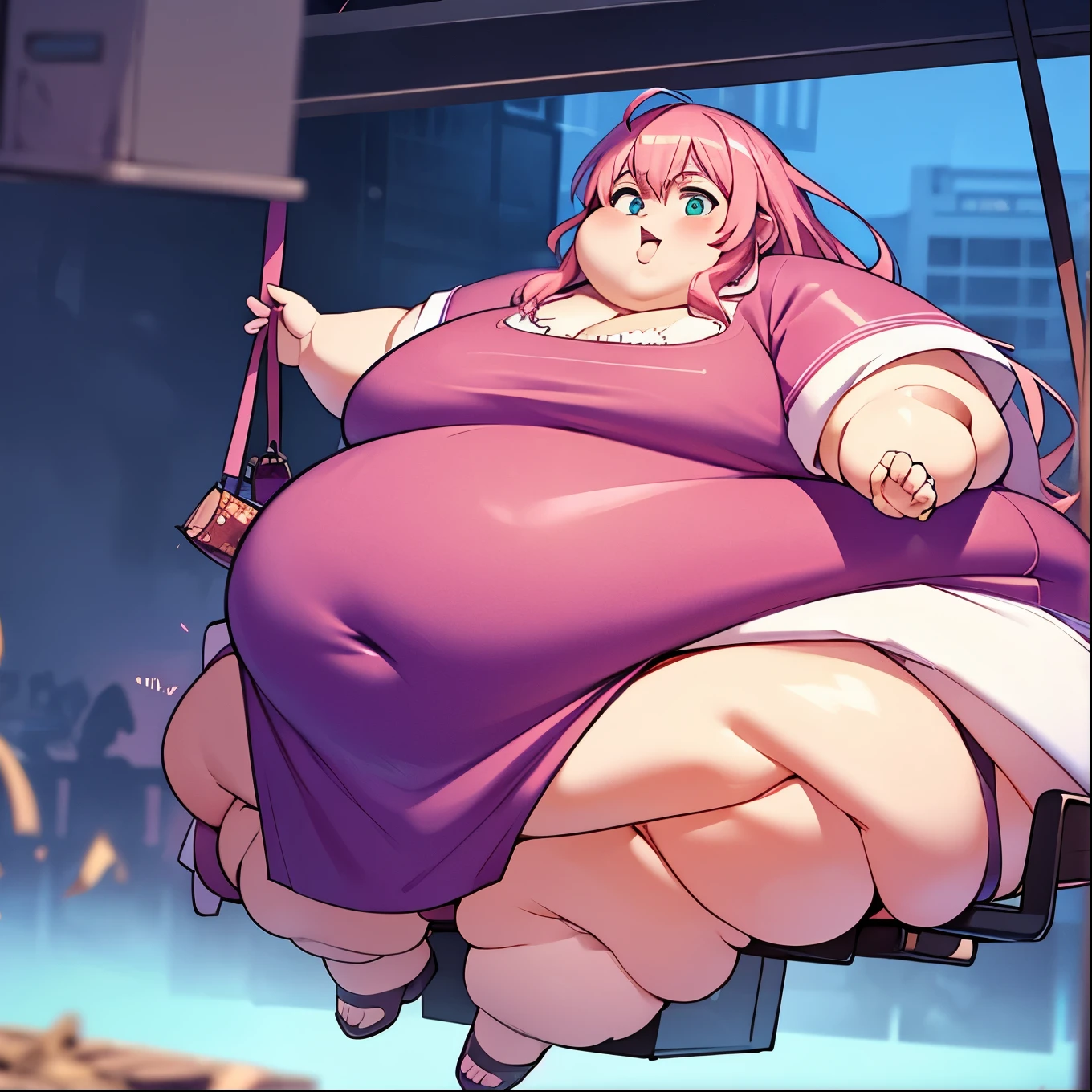 Extremely obese woman, wearing a loose pink dress, fat blob, far rolls, immobilized by her weight, very long wavy neon pink hair, a big belly, saggy belly, gluttony, hanging belly, sitting on a chair 