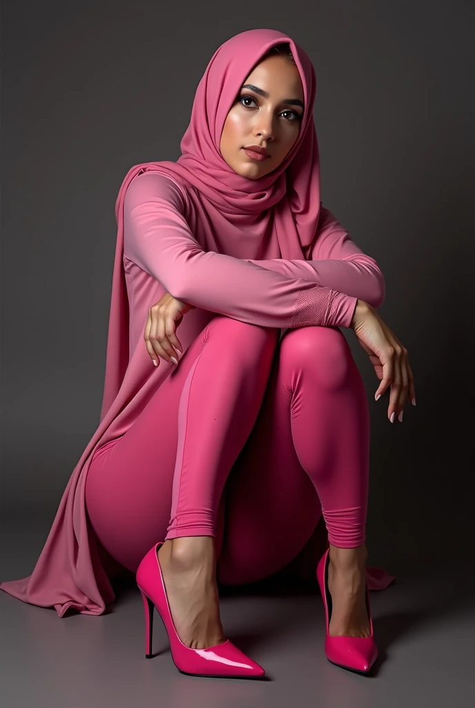 ((best quality)),pink hijab, leggings, long legs, sexy pose, pink high heels, g-string, sitting, feets to the camera, pointing feets to camera, domina pose,