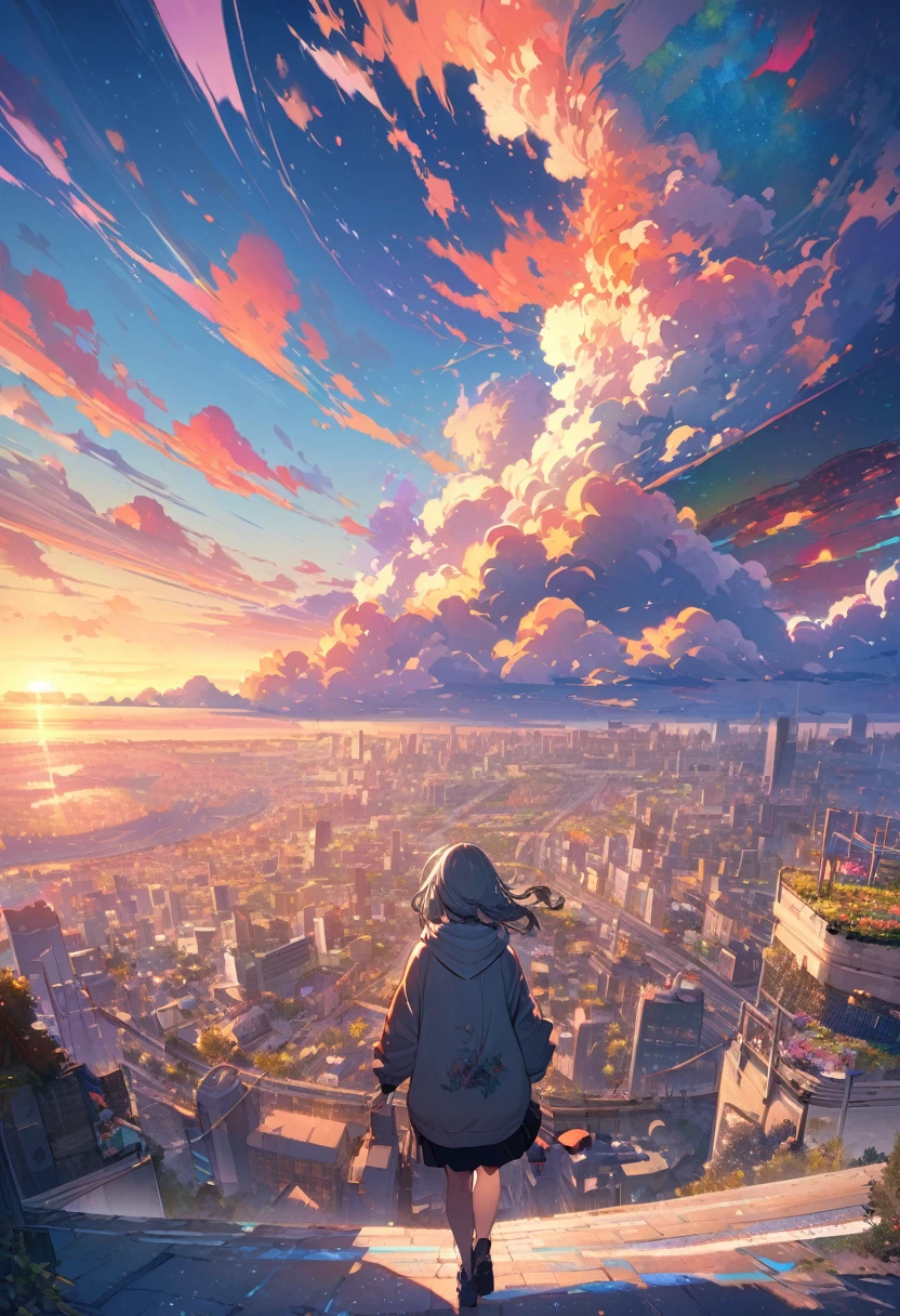 Create exquisite illustrations reminiscent of Makoto Shinkai's style, It has ultra-fine details and top-notch quality. angelic, detailed woman who is walking, woman wearing hoodie,  highest billding in city, road, sunrise, horizon, skyline, in the sky, city of clouds, colorful, high-res, 8K