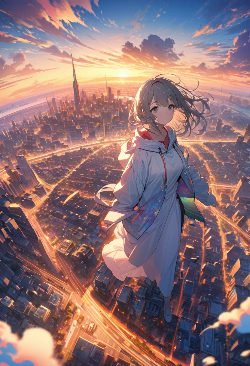 Create exquisite illustrations reminiscent of Makoto Shinkai's style, It has ultra-fine details and top-notch quality. angelic, detailed woman who is walking, woman wearing hoodie, highest billding in city, road, sunrise, horizon, skyline, in the sky, city of clouds, colorful, high-res, 8K