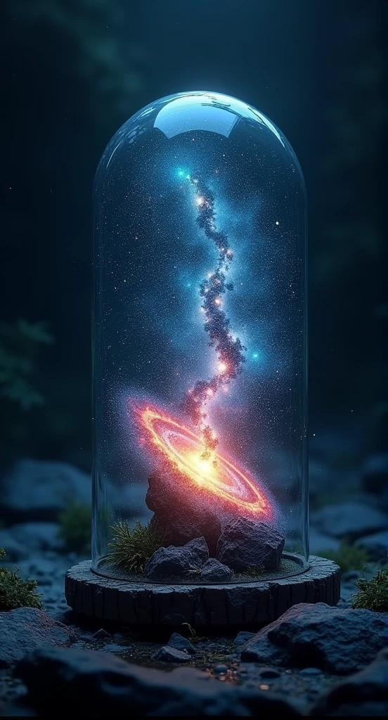 Galaxy in the glass, small nova explosion, dark scene