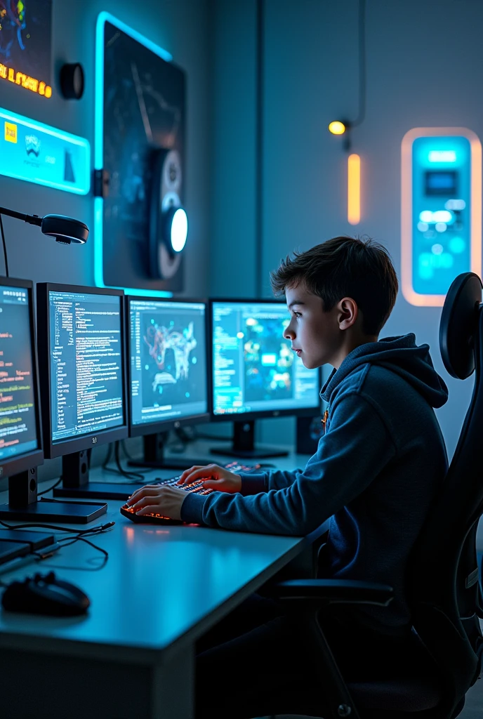 A high tech room in which a boy can code and gaming and sit with full set up in room. The image size is 6.67 inch