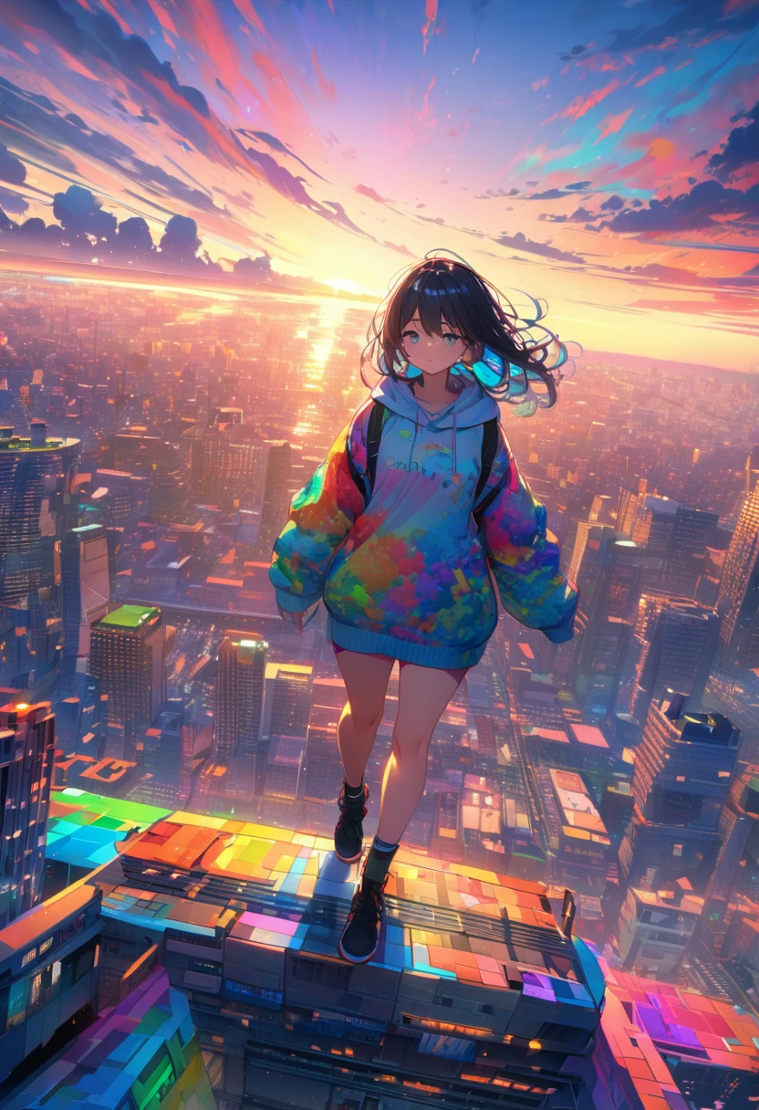 angelic, detailed woman who is walking, woman wearing hoodie, highest billding in city, road, sunrise, horizon, skyline, in the sky, city of clouds, colorful, high-res, 8K
