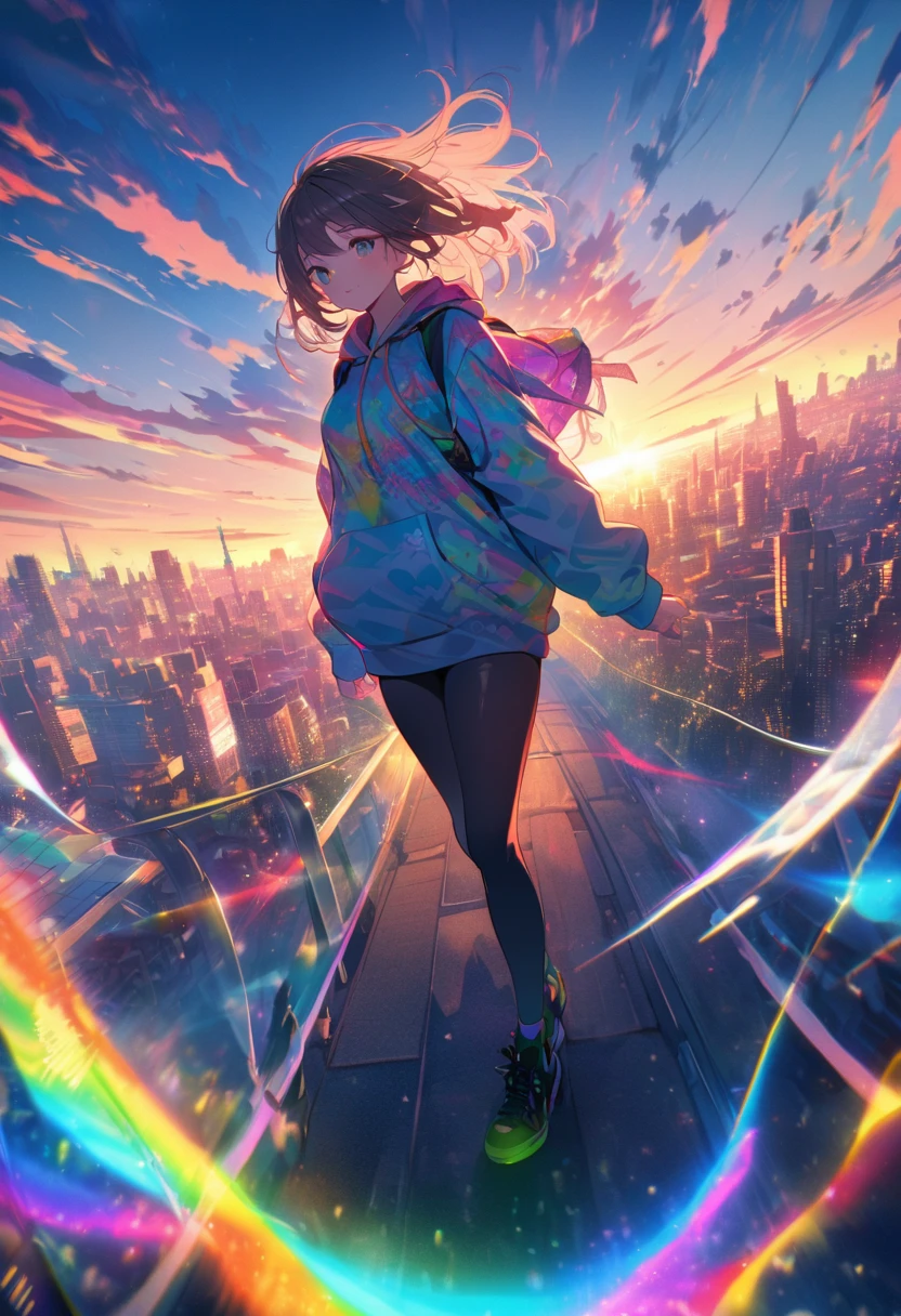 angelic, detailed woman who is walking, woman wearing hoodie, highest billding in city, road, sunrise, horizon, skyline, in the sky, city of clouds, colorful, high-res, 8K