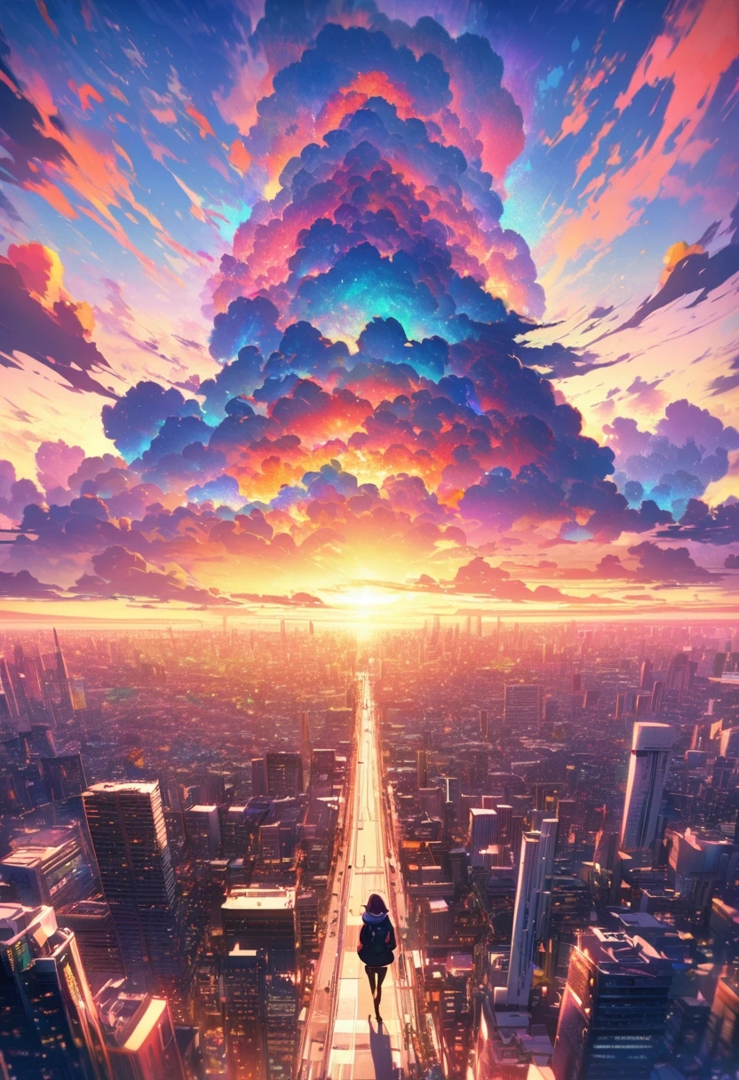 angelic, detailed woman who is walking, woman wearing hoodie, highest billding in city, road, sunrise, horizon, skyline, in the sky, city of clouds, colorful, high-res, 8K