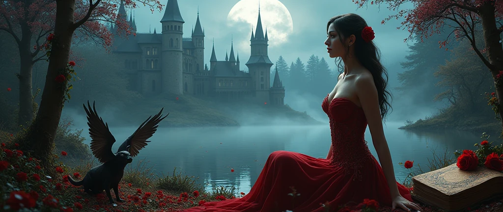 Dark and fantasy ,une femme vampire sexy  ultra détaille en  tenue , un chateau , a lake , fantastic animals , A book , spells