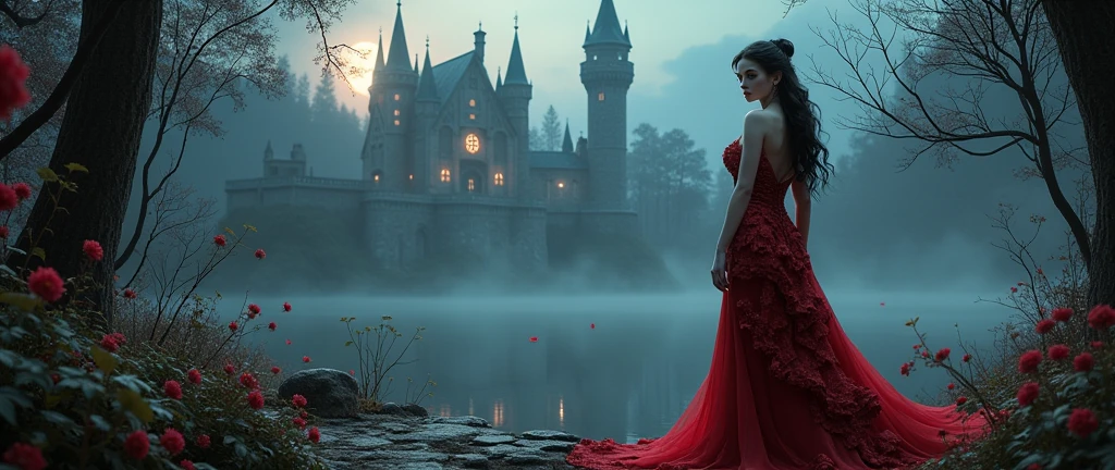 Dark and fantasy ,une femme vampire sexy  ultra détaille en  tenue , un chateau , a lake , fantastic animals , A book , spells