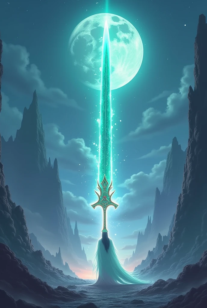 Giant Jade Sword, Heavenly Sword, Mysterious Landscape, blue Moon, Cinema Lighting、Rainbow aura