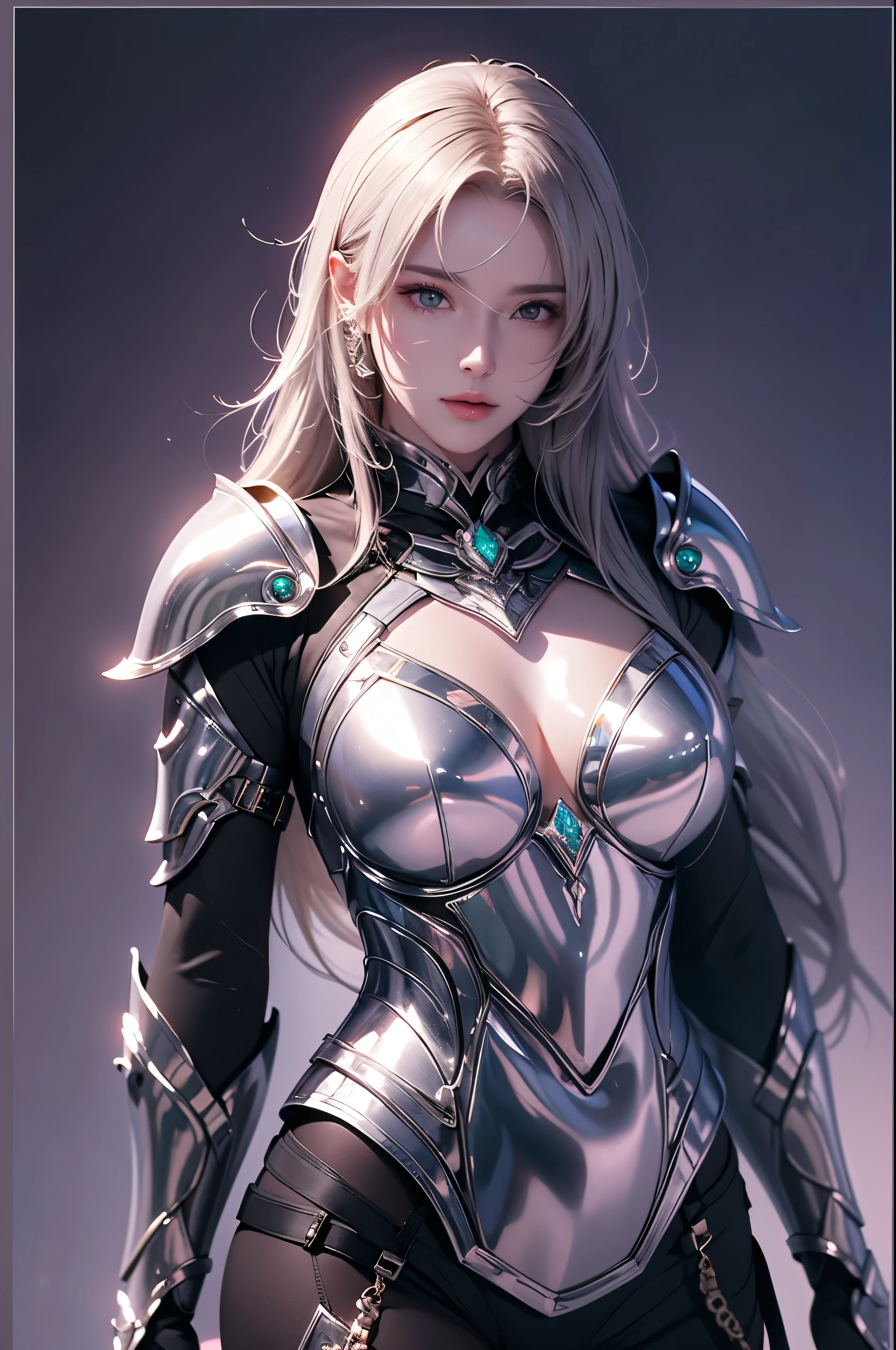 Realistically, High resolution, Soft Lighting, One woman, alone, Hip Up, Dynamic Pose, Glossy Skin, gem, knight armor