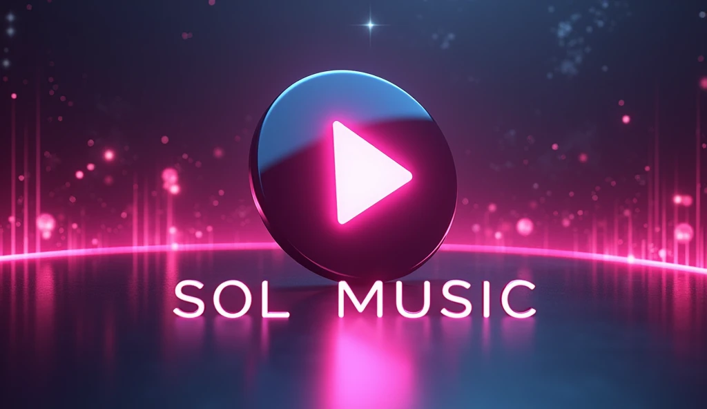 Play button with glowing background representing music, and the words "Sol Music" (capitalized) below the play button
