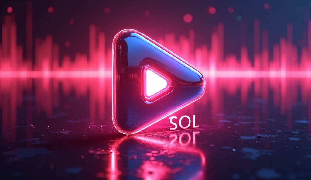 Play button with glowing background representing music, and the words "Sol Music" (capitalized) below the play button