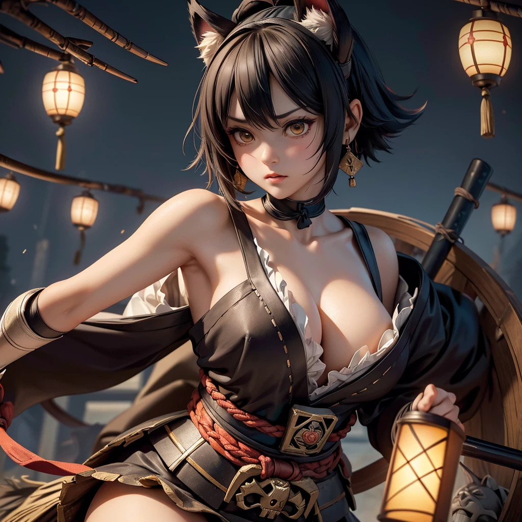 Japanese horror style, darkness, (rembrandt lighting:1.4), ((masterpiece)), ((best quality)), (ultra-detailed), ((extremely detailed cg)), [colorful], ((an extremely delicate)), (perfect lighting), ((8k)), (dynamic angle), (sharp image), depth of field, rich in details and textures, light particles, lens flare, Fine dust reflected in light, A confrontation between a female samurai with cat ears, japanese sord, (bare shoulder), (cleavage), thighs, Ancient Japanese youkai, Giant skeleton, gashadokuro, a fierce and famous battle is in the offing, A very large Japanese red devil in the rear, staring at the female samurai, A frightening look, Japanese Ghost Stories
dark-mist, small boat in the distance, female samurai staring at the boat, pensive expression, one paper Lanterns are lit on the small boat, BREAK Artistic, memorable masterpieces, moments in history, Battle, dynamic angle, dynamic pose, Cowboy shot, face, Strong wind blowing, from below, Close-up of the upper body, Pre-Raphaelite, Rubric Maxim, cute doodle