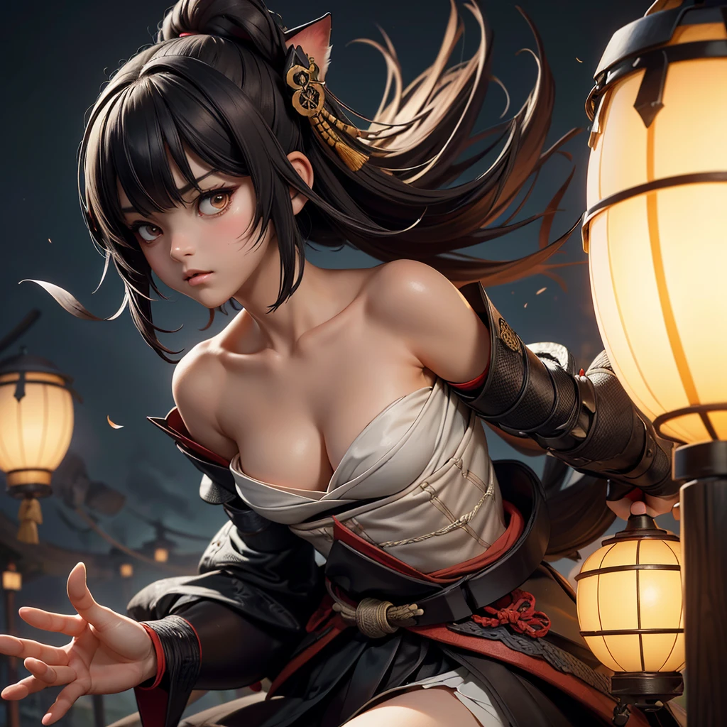 Japanese horror style, darkness, (rembrandt lighting:1.4), ((masterpiece)), ((best quality)), (ultra-detailed), ((extremely detailed cg)), [colorful], ((an extremely delicate)), (perfect lighting), ((8k)), (dynamic angle), (sharp image), depth of field, rich in details and textures, light particles, lens flare, Fine dust reflected in light, A confrontation between a female samurai with cat ears, japanese sord, (bare shoulder), (cleavage), thighs, Ancient Japanese youkai, Giant skeleton, gashadokuro, a fierce and famous battle is in the offing, A very large Japanese red devil in the rear, staring at the female samurai, A frightening look, Japanese Ghost Stories
dark-mist, small boat in the distance, female samurai staring at the boat, pensive expression, one paper Lanterns are lit on the small boat, BREAK Artistic, memorable masterpieces, moments in history, Battle, dynamic angle, dynamic pose, Cowboy shot, face, Strong wind blowing, from below, Close-up of the upper body, Pre-Raphaelite, Rubric Maxim, cute doodle