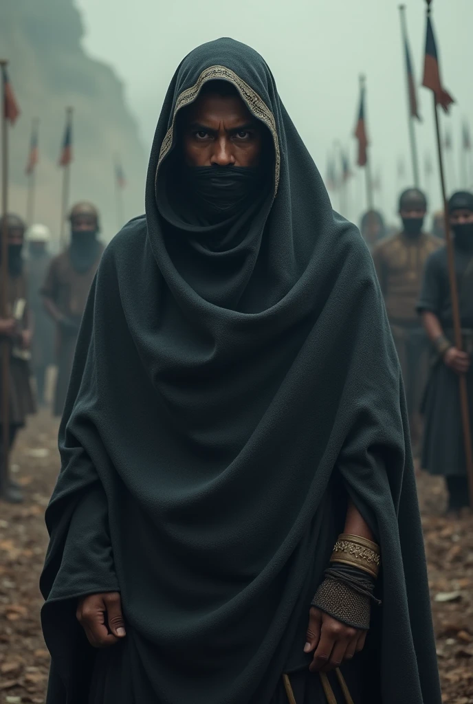 A warrior hidding himself with ancient cloth with no weapon improve it, make warrior most powerful
Make face using mask
Make brownish fair skin tone
Make it Indian
Stand him in post war
Age 24 to 25
Make him mysterious
Black cloth
Don't show body
Make fair skin and confident
It's too good creat more like this
Not this one