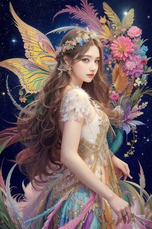 (masterpiece, Highest quality, Highest quality, Official Art, beautifully、aesthetic:1.2), (One person), Very detailed,(Fractal Art:1.3),colorful,Most detailed, Flowers, feathers and butterflies々Decorative long hair、Soft Lighting、mysterious、Holiness、ballerina、goddess、universe、like、crystal、grow、forever、create、dream、Fantasy