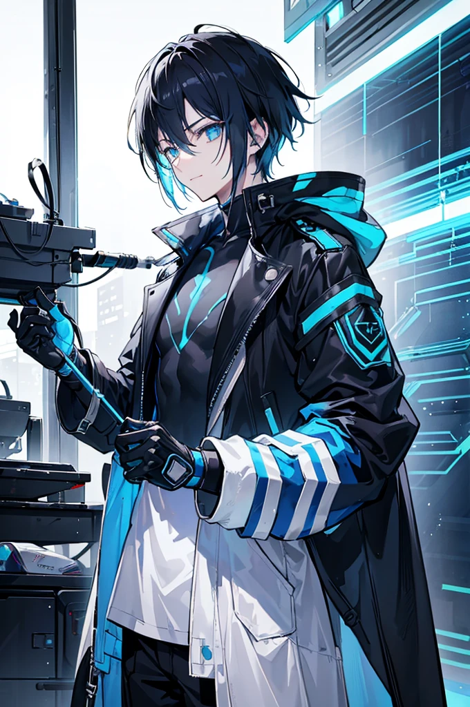 초상화, Face_through_torso, A well-designed male protagonist character with black hair, styled neatly to emphasize his handsome features. His eyes are a striking blue, and his expression carries a subtle, confident smile. He is dressed in a black T-shirt underneath a white trench coat, which is inspired by a cyberpunk aesthetic. The trench coat features blue neon lines running along certain parts of the design, adding a futuristic touch. His left hand is casually placed in the trench coat pocket,((white trench coat))