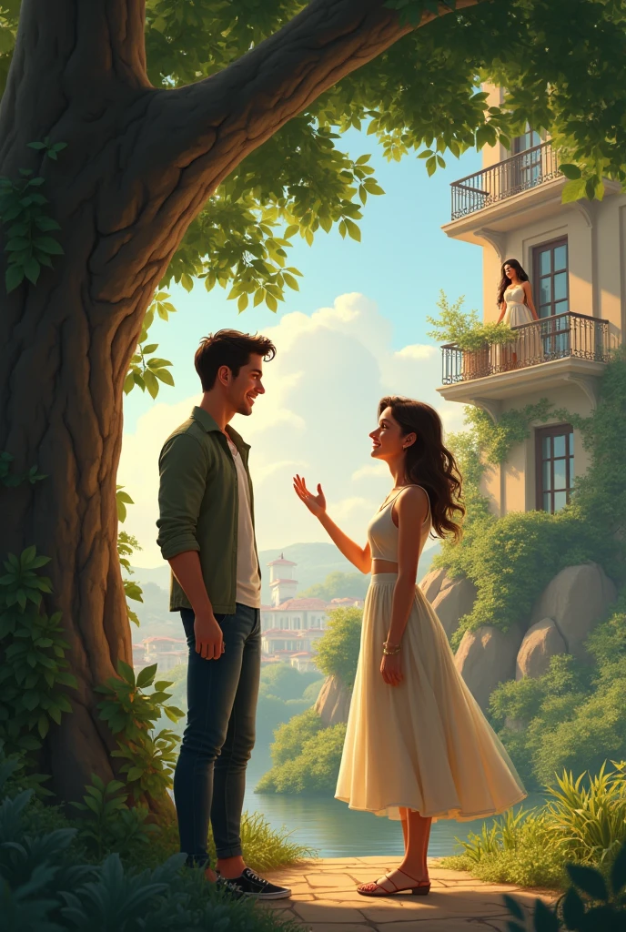 A handsome boy who is standing near the tree on ground staring the beautiful girl who is standing on a fifth floor balcony and the boy is waving his hand by saying hi to her and girl smiling (only 2 characters)